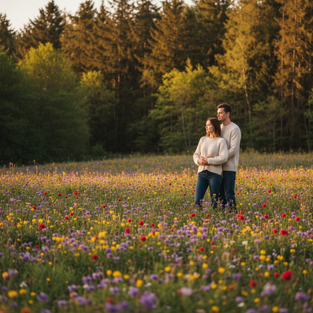 Forest Edge Wildflowers - Couple stands at the edge of the forest where it meets a wildflower meadow. He holds her from behind as they look toward the open meadow. Forest behind, flowers in front.