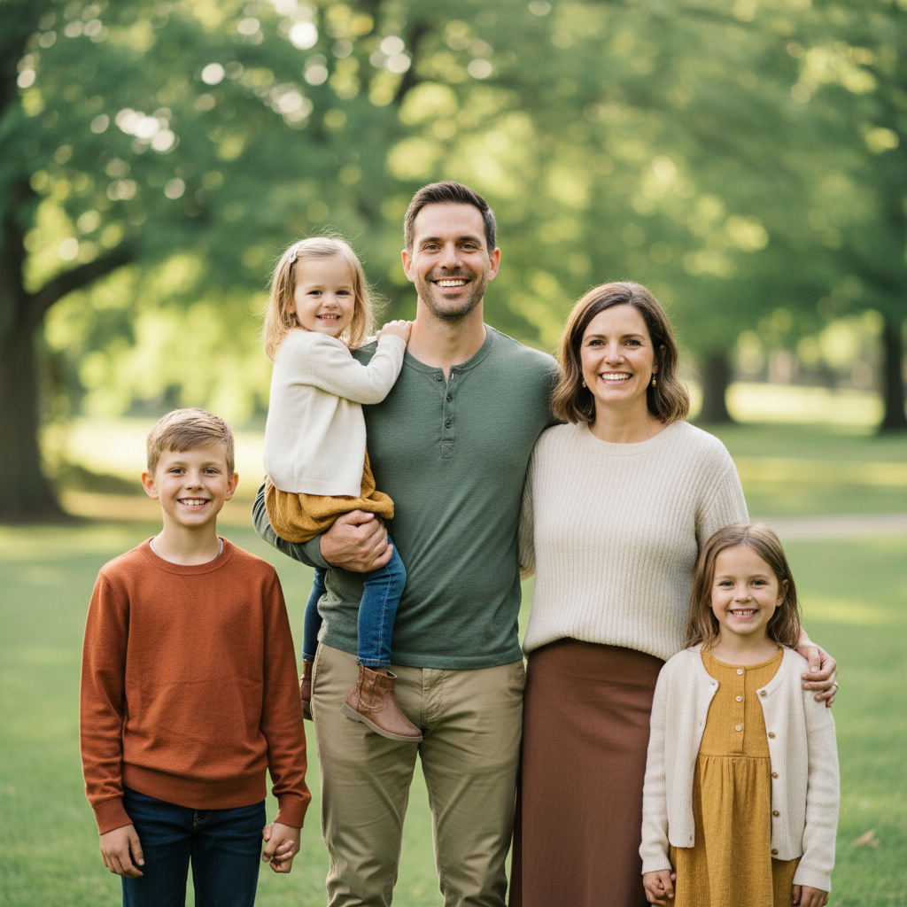 Classic Family Portrait - Parents stand side by side in the center. Youngest child held on dad's hip. Older child(ren) standing in front of parents. Everyone looks at camera with natural smiles. Clean, symmetrical framing.