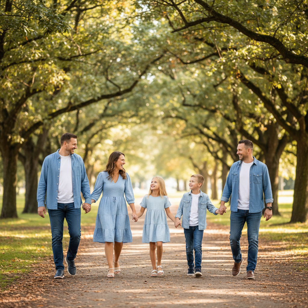 Family Walk - Family walks toward camera on a path. Parents on the outside, children between them. Everyone holding hands in a chain. Natural walking motion, laughing and chatting.