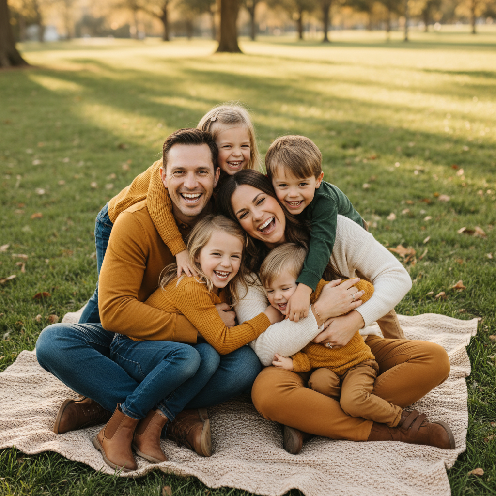 The Family Cuddle Pile - Parents sit on a blanket. Children climb on them, draping over shoulders and laps. Everyone tangled together in a big group hug. Genuine laughter. Shot from 45-degree angle.
