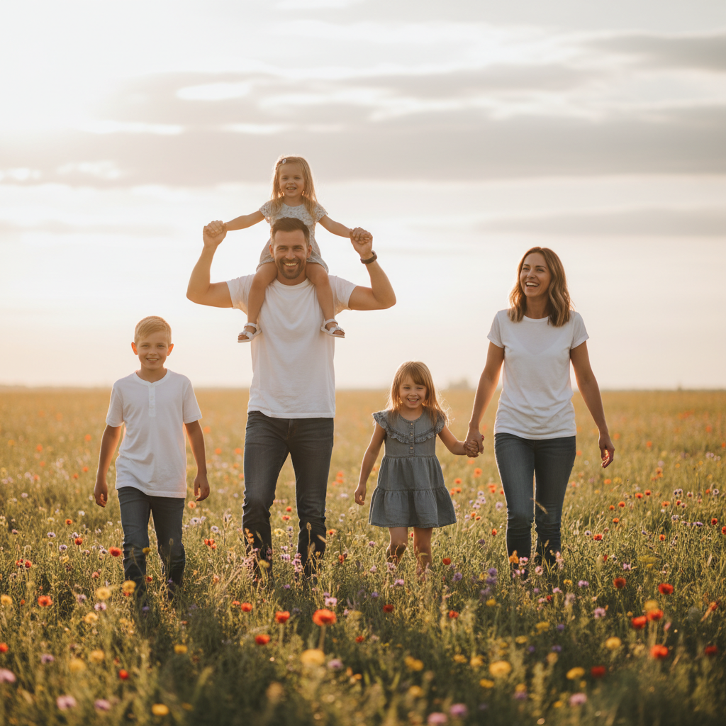 Shoulder Rides - Dad carries youngest child on his shoulders while holding their hands for balance. Mom walks beside him holding older child's hand. Family walks through a meadow. Everyone smiling.