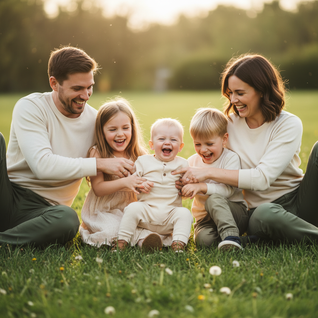 Tickle Time - Parents tickle the children from both sides. Kids squirming and laughing uncontrollably with scrunched faces. Parents grinning mischievously. Pure chaos and genuine laughter.
