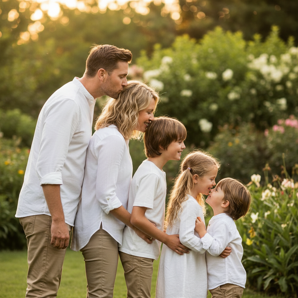 Kiss Chain - Dad kisses mom's forehead. Mom kisses oldest child's forehead. Oldest kisses the next child. Create a chain of forehead kisses descending by height. Line up tallest to shortest.