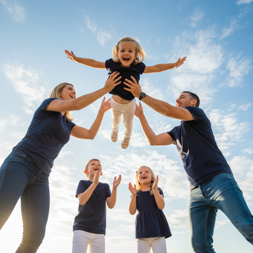 Flying High - Both parents lift the youngest child high into the air between them. Child has arms spread like an airplane, laughing with delight. Older children look up clapping or cheering.