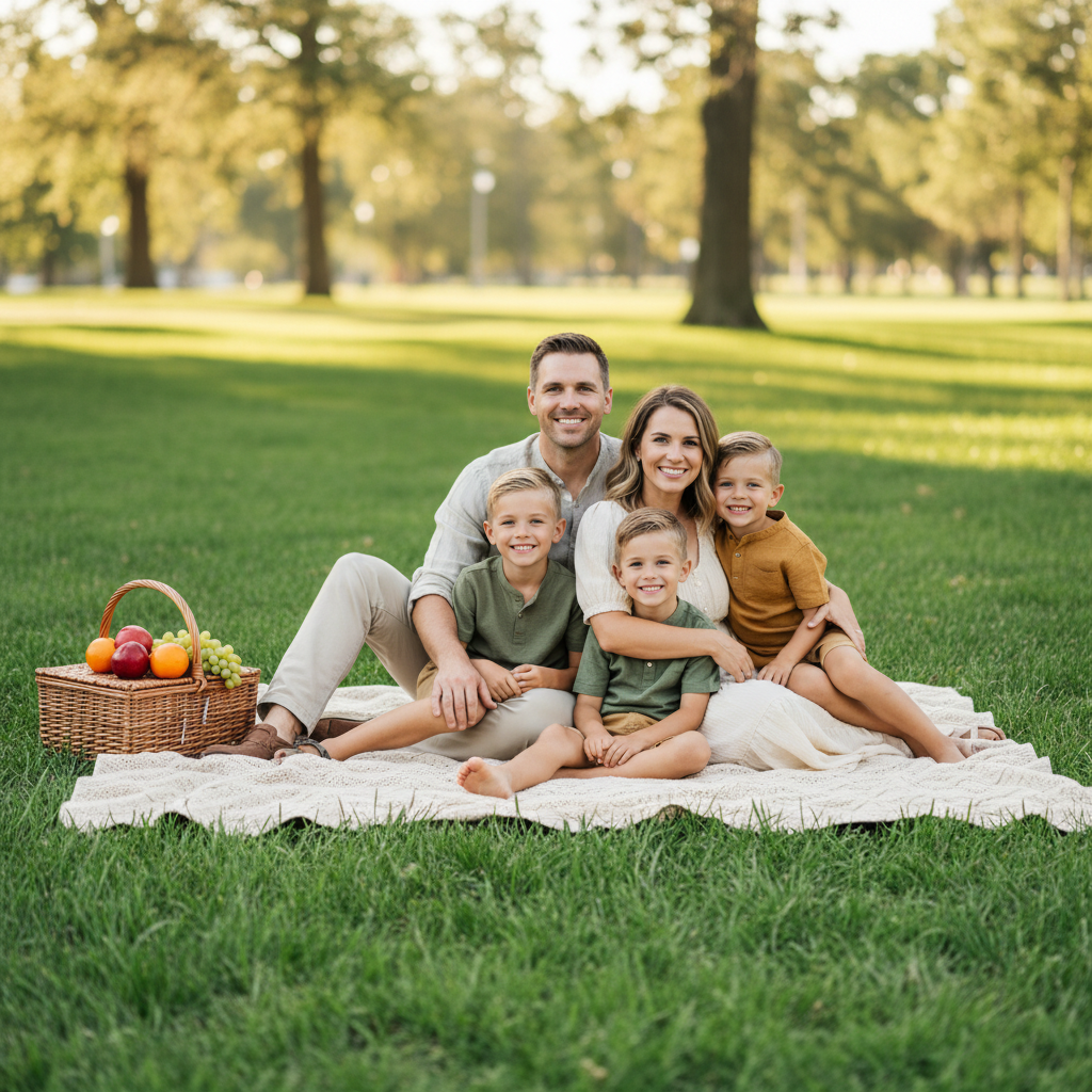 Picnic Blanket Family - Whole family sits on a large blanket on grass. Parents in back, children in front leaning against them. A basket of fruit or flowers to one side. Relaxed, natural arrangement.