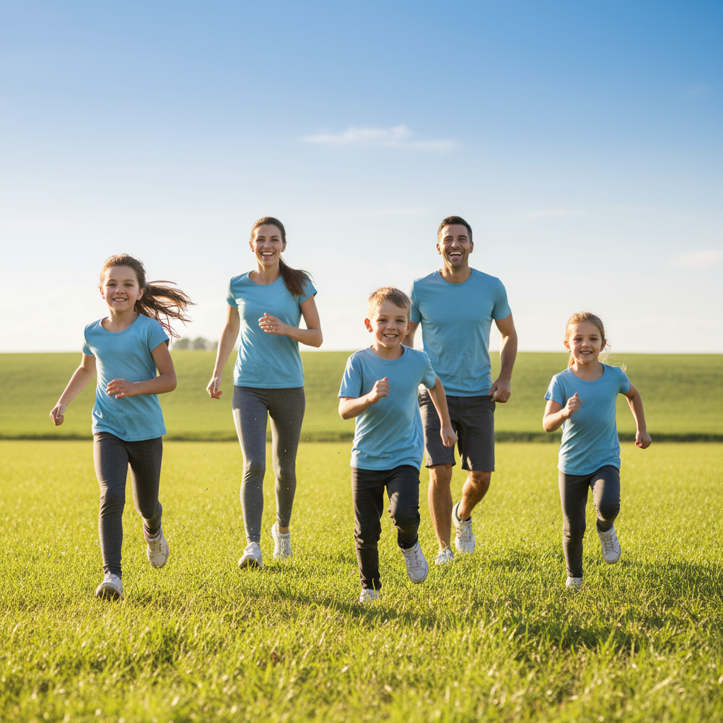 Family Race - Family runs toward camera in a field. Parents deliberately lag behind while kids sprint ahead with competitive faces. Everyone mid-stride with feet off the ground. Pure energy.