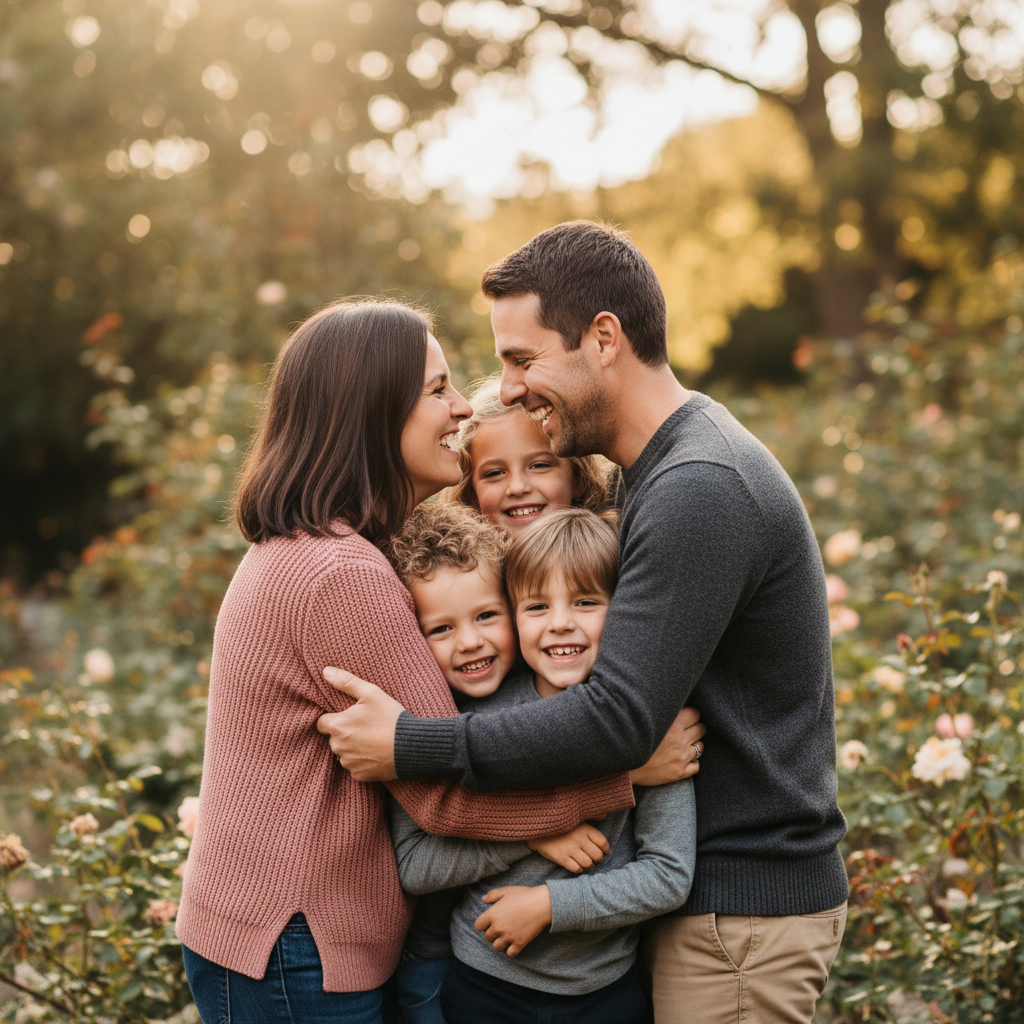 The Sandwich Hug - Parents face each other for a hug but children squeeze in between them. All kids sandwiched between mom and dad. Tight group squeeze with kids peeking out between parents' arms.