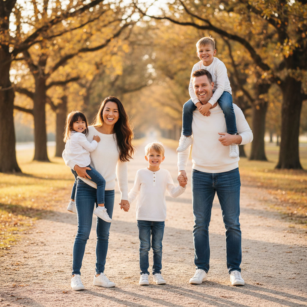 Everyone Gets a Ride - Dad gives oldest child a piggyback ride. Mom carries youngest on her hip. Middle child stands between them holding free hands. Mixed carrying poses showing different ages.