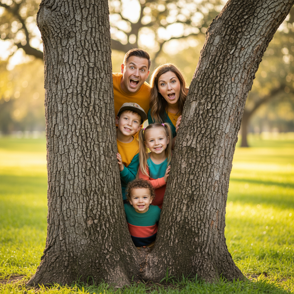 Peek-a-Boo Behind the Tree - Family hides behind a large tree trunk. Each person peeks out from a different side or height. Kids peek from low, parents from high. Everyone showing just half their face with silly expressions.