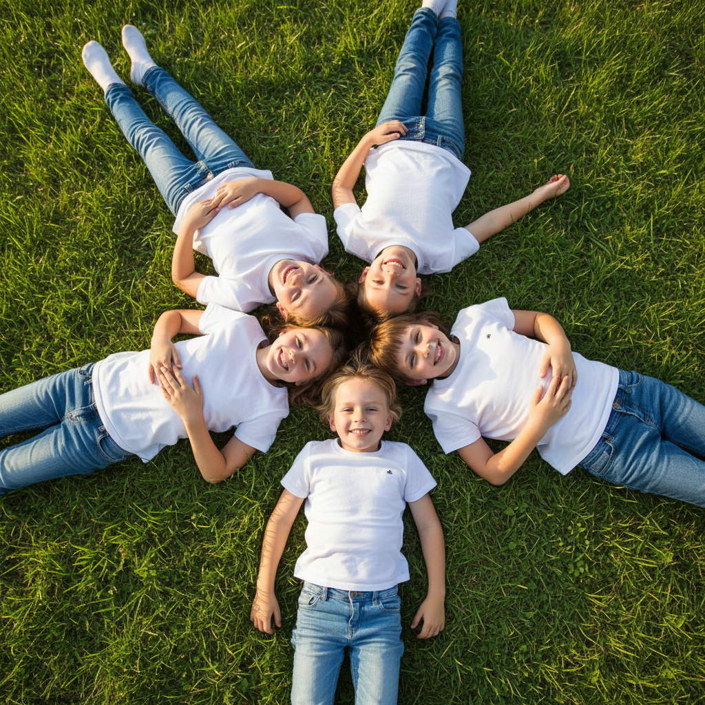 Star Formation - Everyone lies on their backs on the grass with heads together forming a star/circle, feet pointing outward. Shot directly from above. All looking up at camera with big smiles.