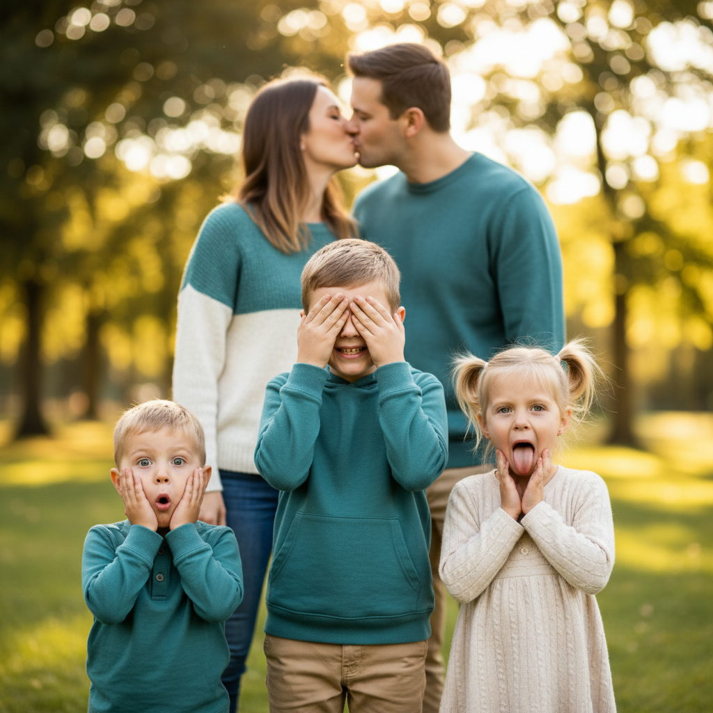 Eww, Gross! - Parents share a kiss while children cover their eyes, stick out tongues, or make dramatic grossed-out faces. Classic funny reaction shot that captures real family dynamics.