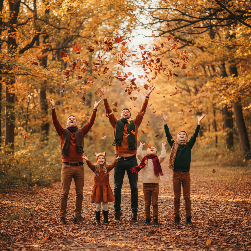 Tossing Leaves - Family gathers handfuls of autumn leaves. On the count of three, everyone tosses them into the air. Leaves frozen mid-air. Everyone laughing with arms raised.