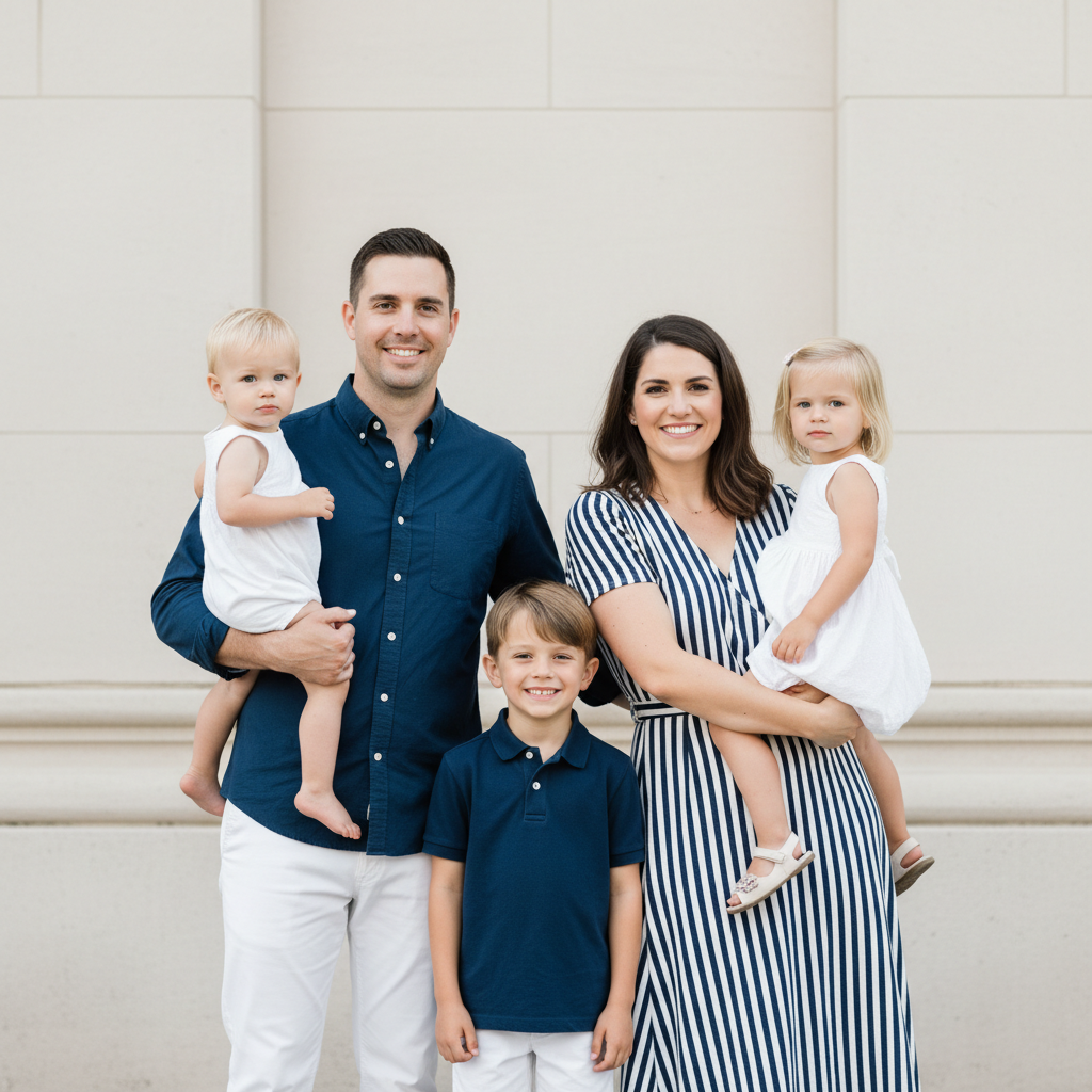 Triangle Formation - Parents stand slightly apart. Each holds one child on their hip. Third child stands in front center creating a triangle shape. Clean geometric arrangement with everyone visible.
