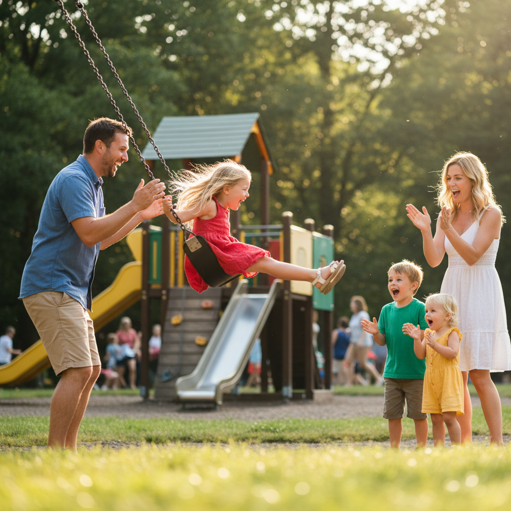 The Swing Push - One parent pushes child on a swing while other parent and siblings watch from the side, cheering. Child mid-air with legs extended, hair flying. Action frozen at the peak of the swing.