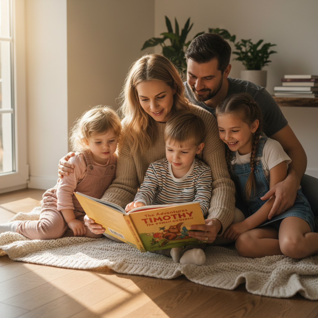 The Reading Circle - Family sits in a circle on the ground. Parent holds an open storybook. Children lean in from both sides to see the pictures. Cozy, intimate moment of shared reading.