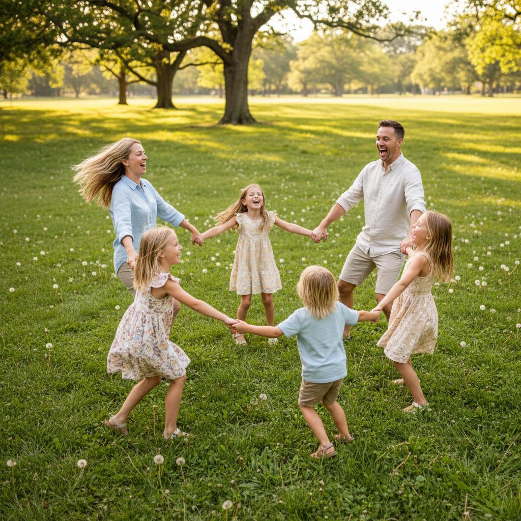 Ring Around the Rosie - Whole family holds hands in a circle and spins. Shot from slightly above to see the circle shape. Everyone leaning back with centrifugal force, laughing. Dress and hair flowing with motion.
