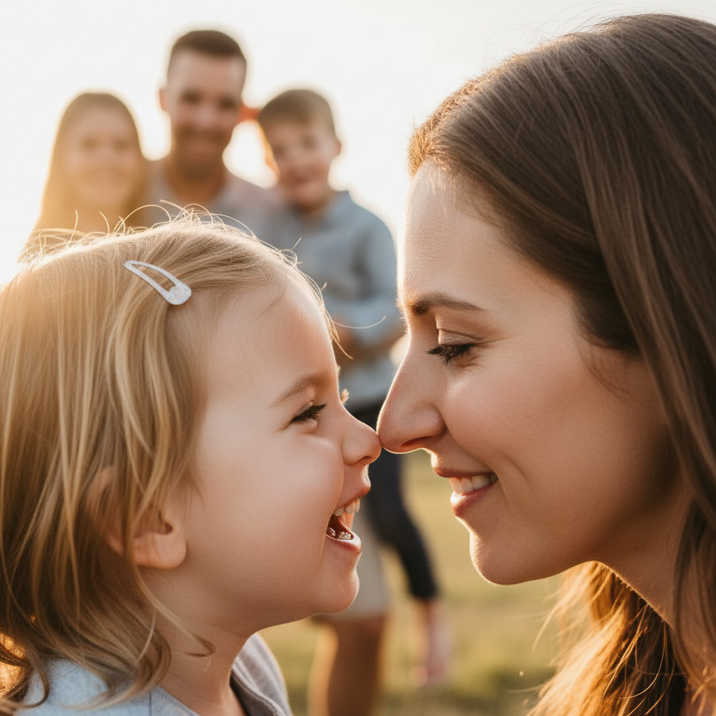 The Nose Boop - Parent and youngest child touch noses together (nose boop). Close-up of just the two faces. Child giggles. Other family members blurred in background watching and smiling.