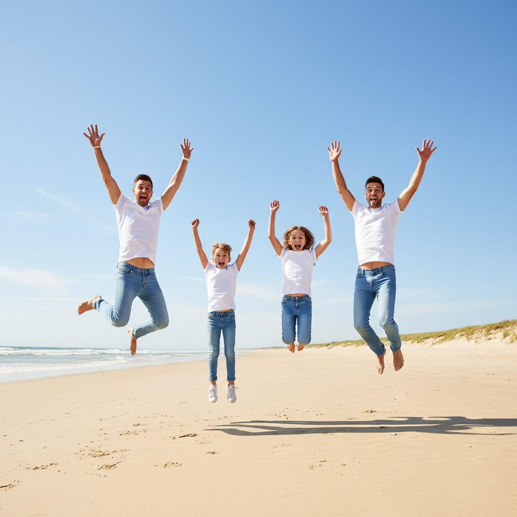 The Family Jump - Entire family jumps in the air simultaneously. Arms raised, legs tucked or spread. Everyone frozen at the peak of their jump. Big smiles and open mouths. Shot against clean sky or simple background.