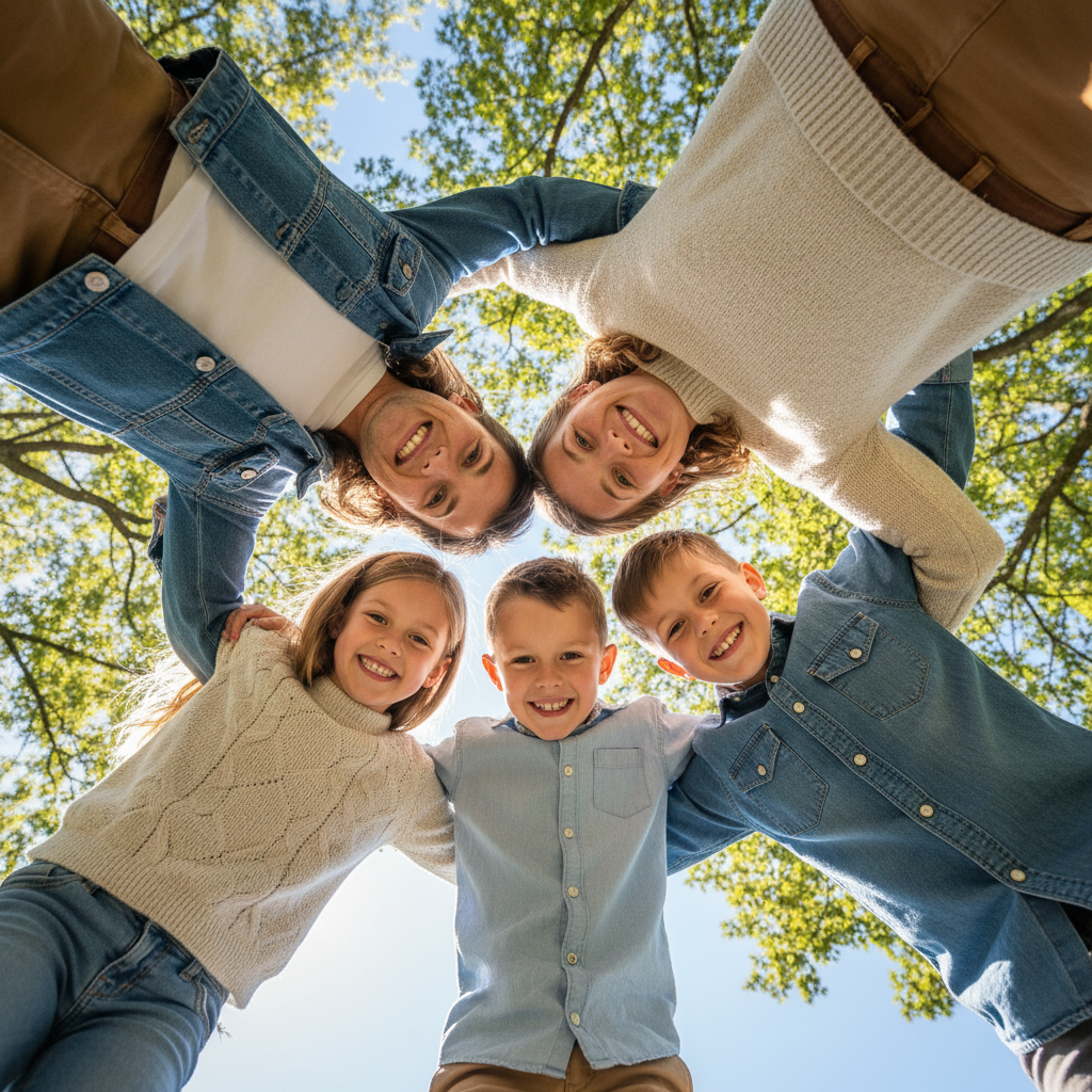 The Whisper Circle - Family leans their heads together in a tight huddle, like a football team. Shot from below looking up at all their faces in a circle. Everyone smiling down at the camera.