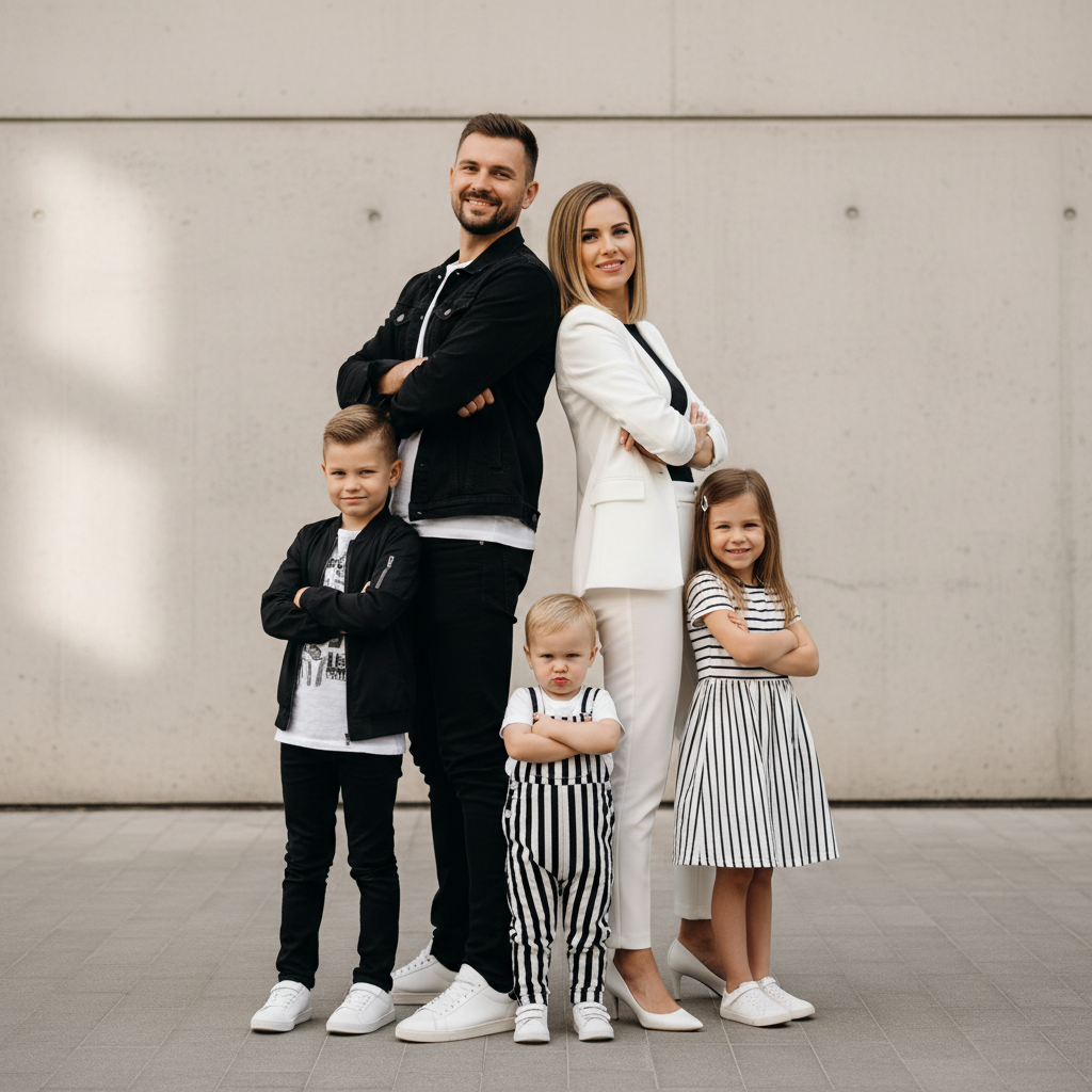 Back to Back - Parents stand back to back with arms crossed, striking confident poses. Children mimic the pose standing in front of their respective parent. Fun, editorial-style fashion shot.