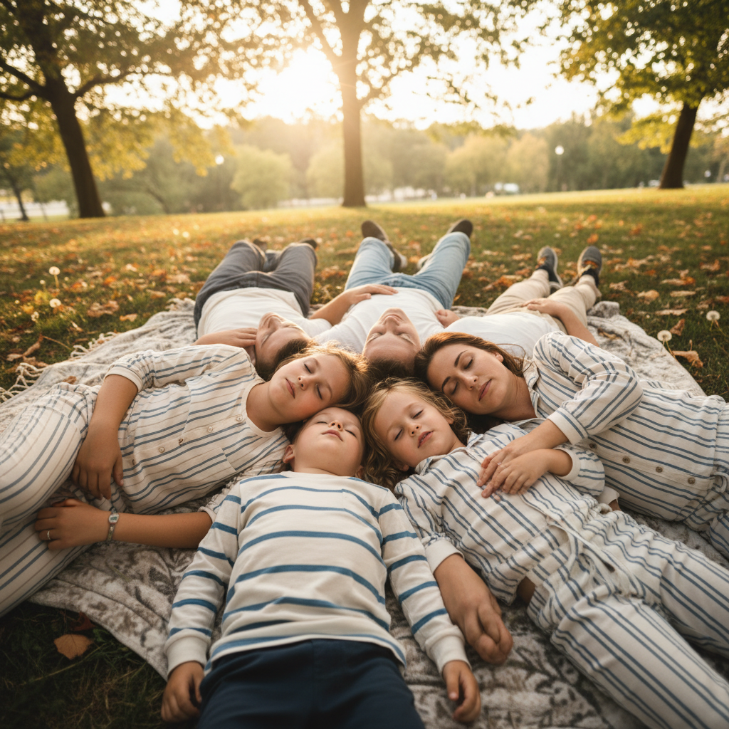 Pretend Nap Time - Entire family pretends to sleep on a big blanket outdoors. Eyes closed, mouths slightly open, arms draped naturally. One child secretly peeking with one eye open. Sweet and funny.