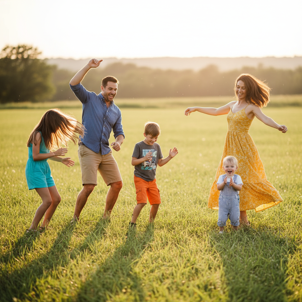 The Airplane - Parent lies on back on grass, holding youngest child up in the air on their feet (airplane pose). Child has arms spread wide. Other parent and kids watch and cheer from the side.
