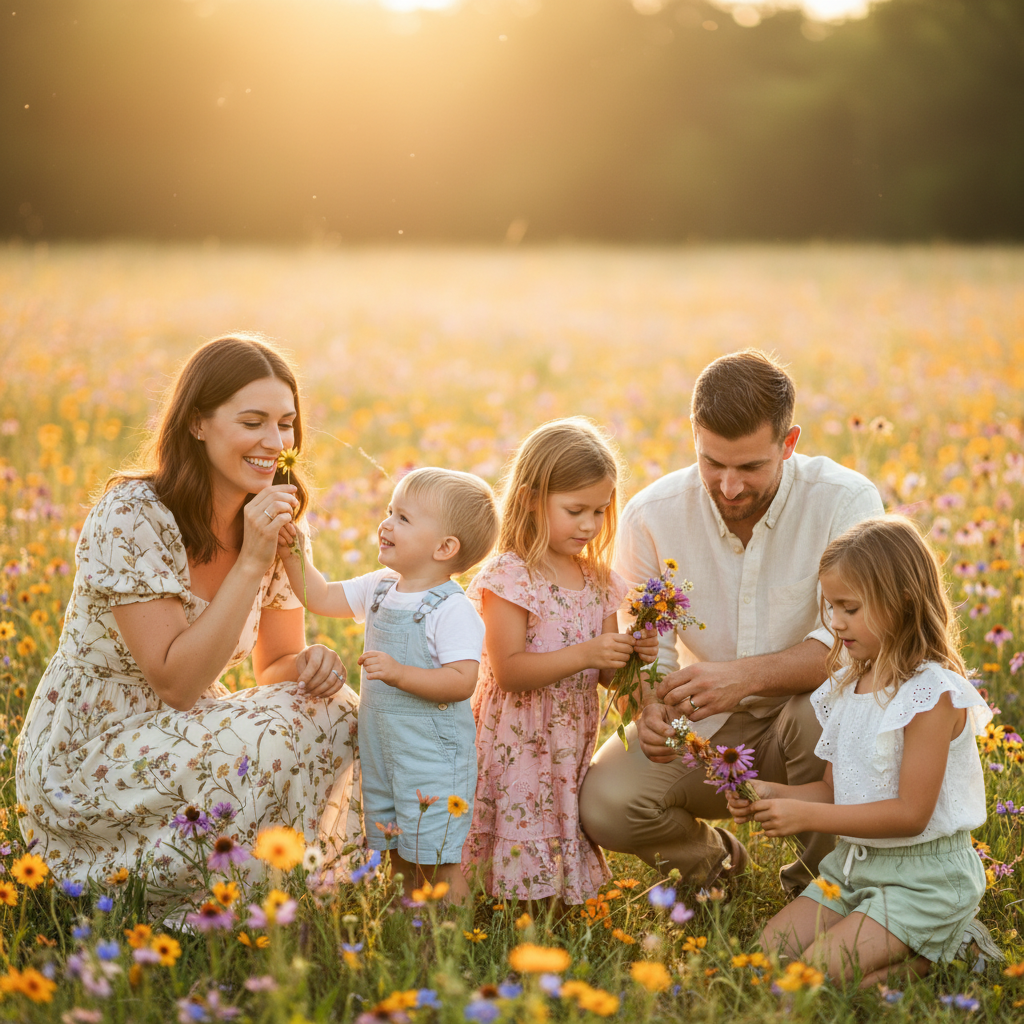 Picking Flowers Together - Family crouches in a wildflower meadow. Children pick flowers and hand them to parents. Mom smells a flower the youngest gives her. Dad helps oldest make a small bouquet. Candid, natural.