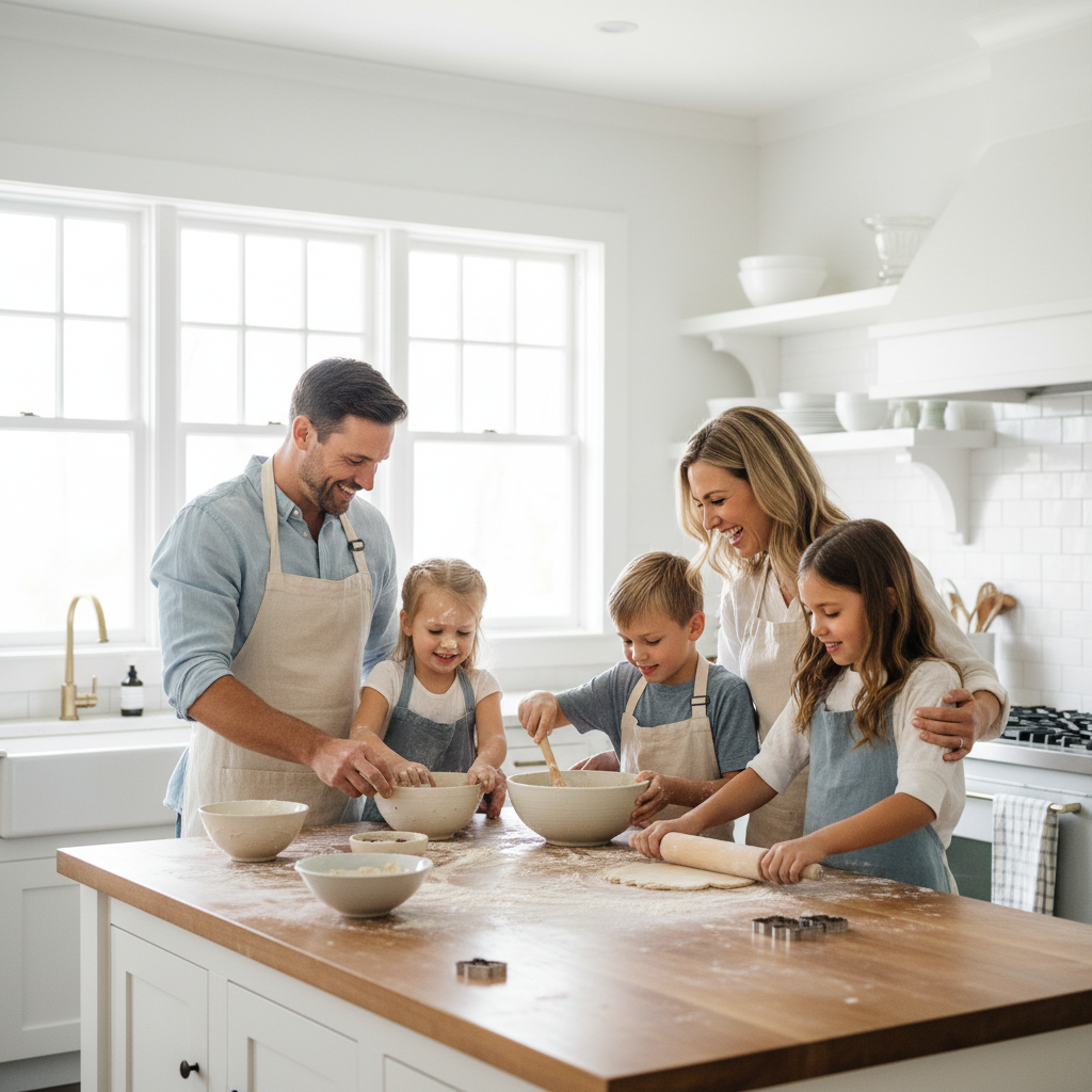 Baking Together - Family in a bright kitchen around a counter. Kids helping mix batter or roll dough. Flour dusted on faces and hands. Mom and dad helping. Candid cooking chaos with genuine interactions.