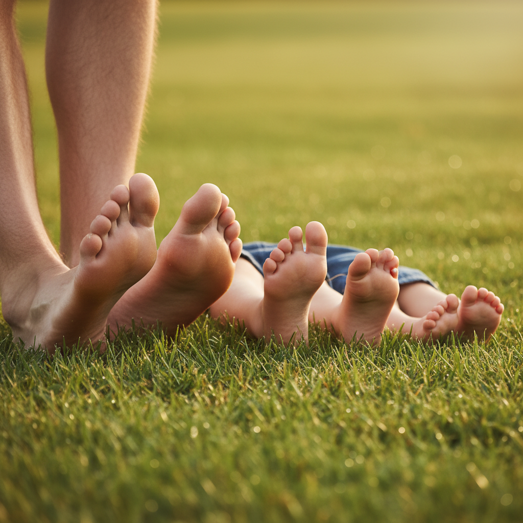 Family Feet - Close-up of everyone's bare feet in a row on grass, ordered largest to smallest. Parents' feet on the outside, children's tiny feet in the middle. Simple detail shot showing family size progression.