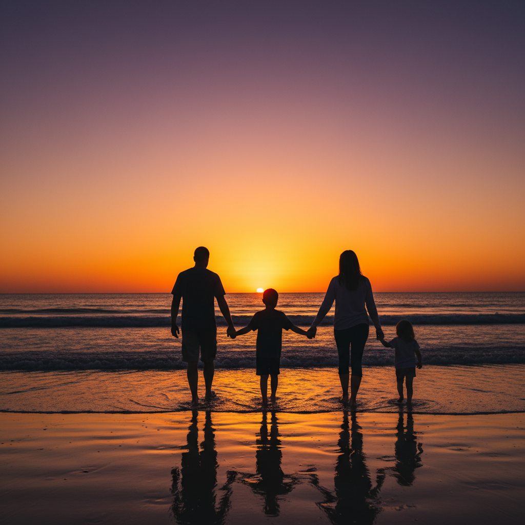 Sunset Walk Silhouette - Family walks toward sunset holding hands. Shot from behind as silhouettes against golden sky. Different heights create a beautiful undulating line of silhouettes. Walking on beach or hilltop.