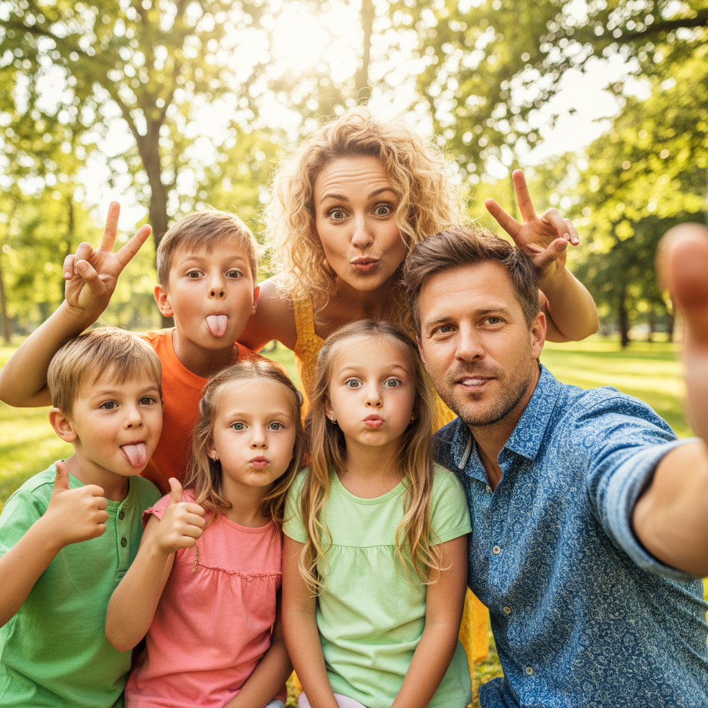 The Group Selfie Pose - Family huddles together pretending to take a selfie. Dad extends arm as if holding phone. Everyone squeezes into frame making fun faces - peace signs, tongues out, duck lips, big smiles.
