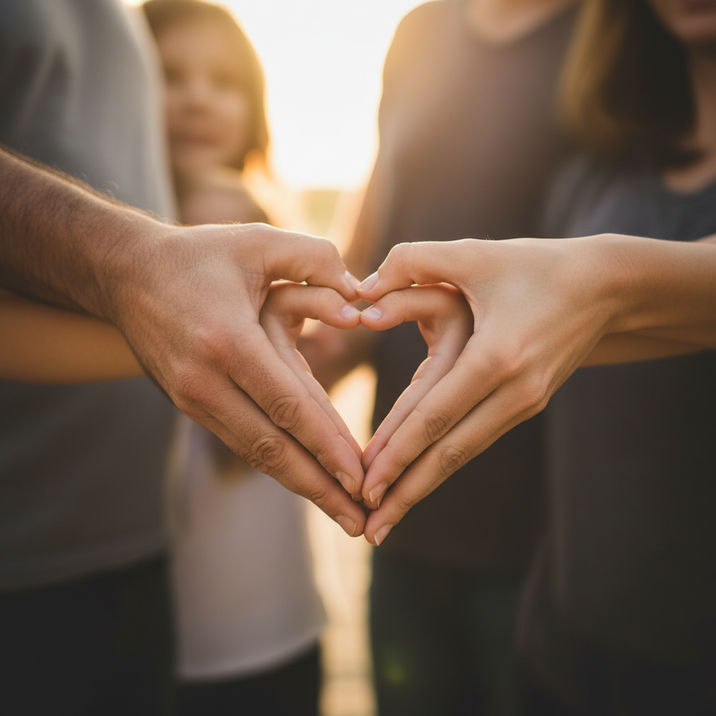Family Heart Hands - All family members' hands come together in the center to form a large heart shape. Close-up on hands only. Different sized hands from big to tiny create a touching layered heart.