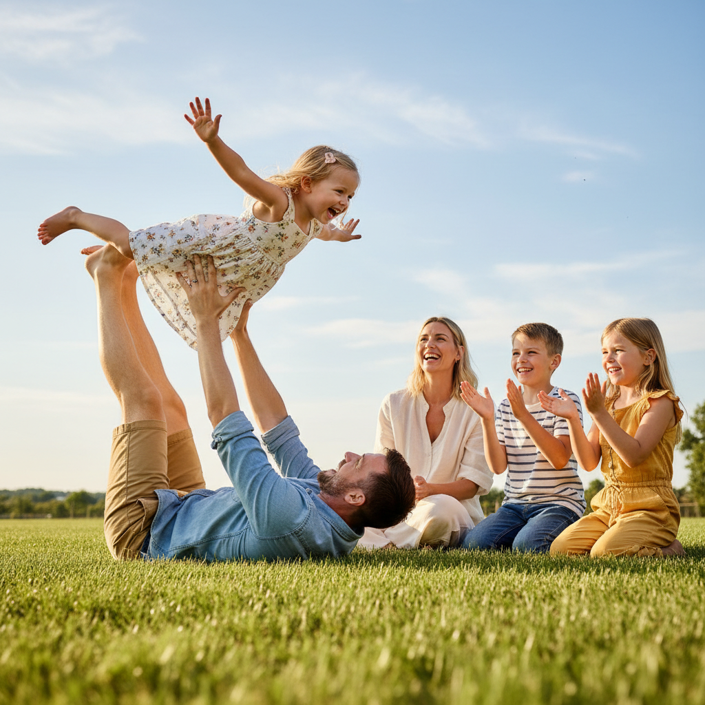 Dance Party - Family has an impromptu dance party in an open field or living room. Everyone doing their own silly dance moves. Hair flipping, arms waving, spinning. Pure unscripted joy and movement.