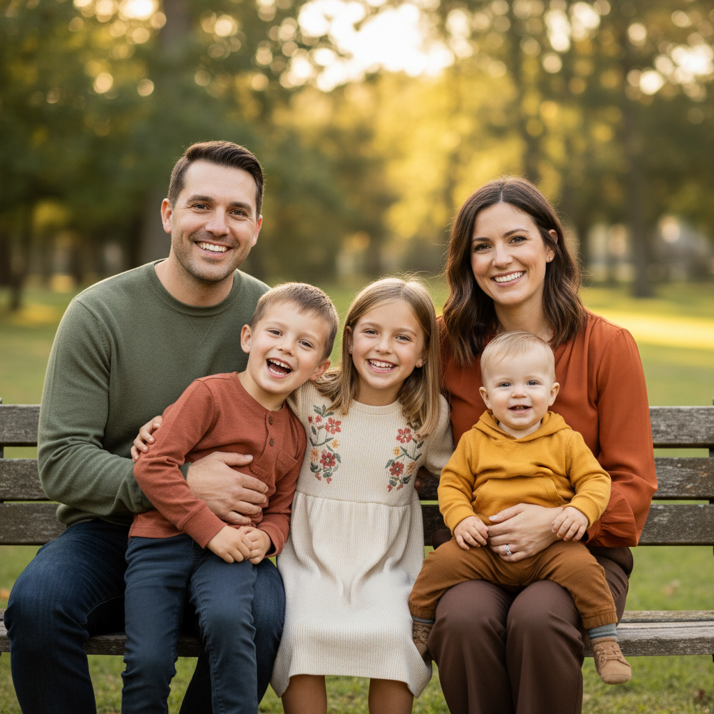 The Park Bench - Family sits together on a park bench. Parents on each end, children squeezed between them. Everyone leaning in together. Natural, relaxed, classic bench portrait with park backdrop.