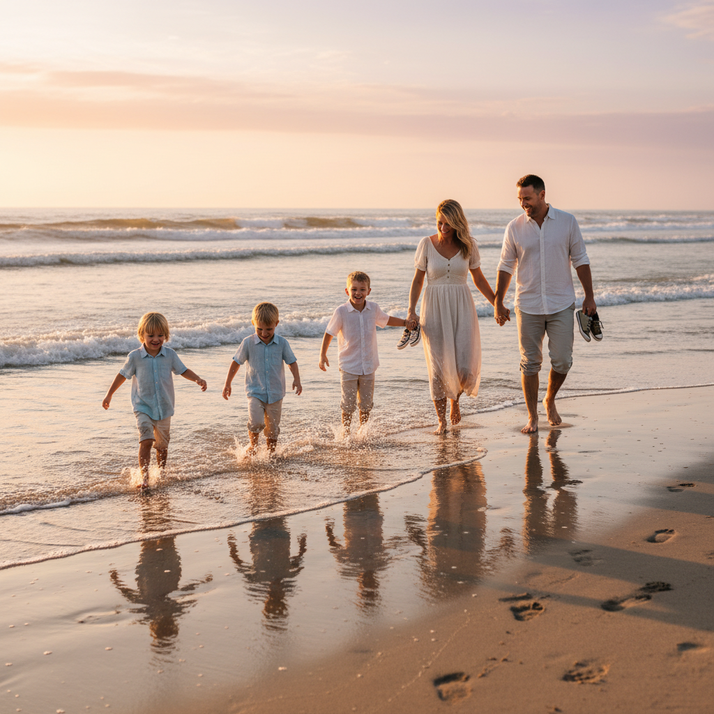 Beach Walk - Family walks along the shoreline where waves meet sand. Kids splash in shallow water while parents hold their shoes and watch. Golden sunset light. Footprints in wet sand behind them.