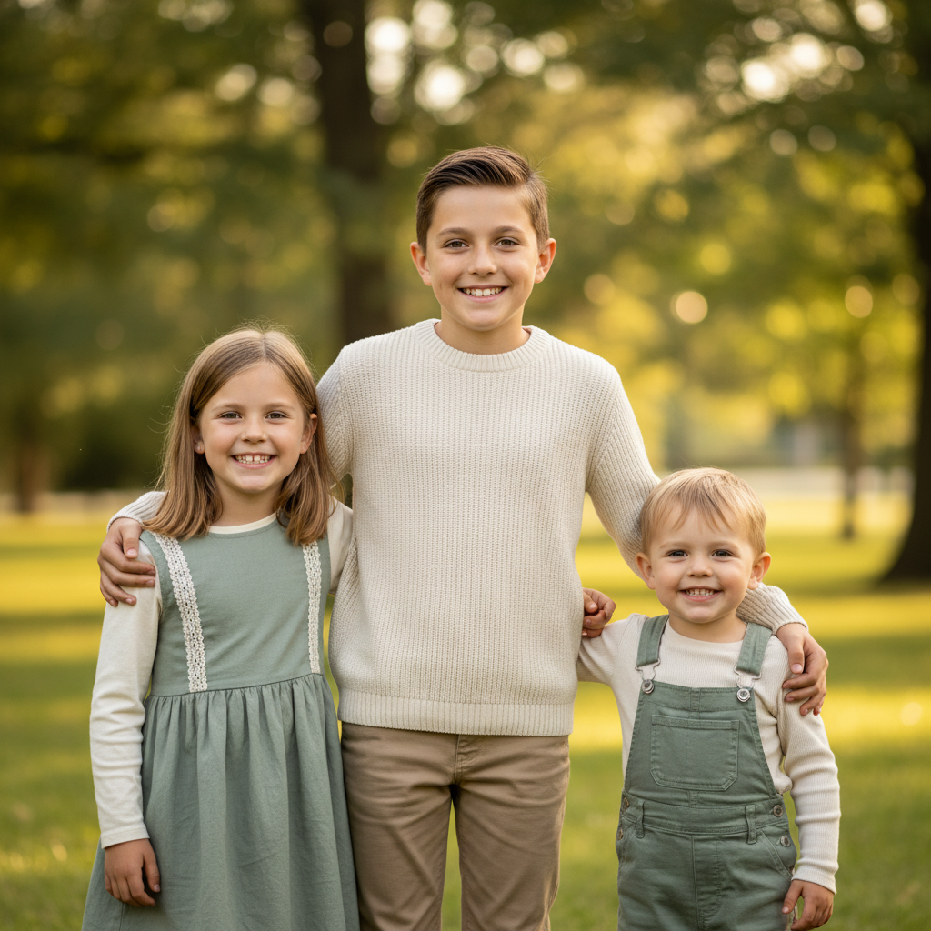 Siblings Only - Just the children, without parents. Siblings stand together arms around each other's shoulders. Natural height order. Looking at camera with genuine sibling bond expressions. Parents step out of frame.