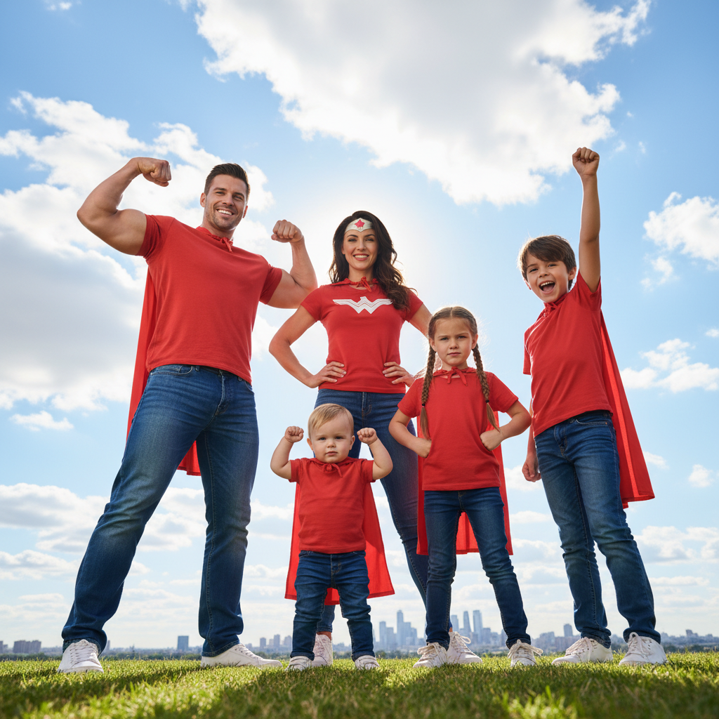 Superhero Family - Whole family strikes superhero poses - hands on hips, arms flexed, power stances. Kids puff out chests. Dad flexes biceps. Mom does a wonder woman pose. Shot from low angle for power effect.