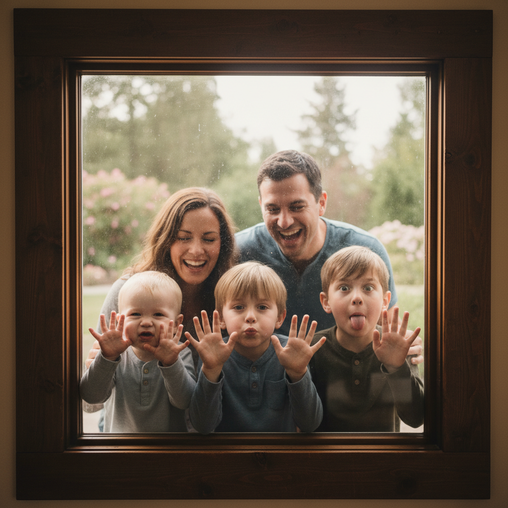 Through the Window - Family looks through a large window from outside. Their faces pressed against or near the glass, making funny faces, hands pressed flat on glass. Shot from inside looking out at them.