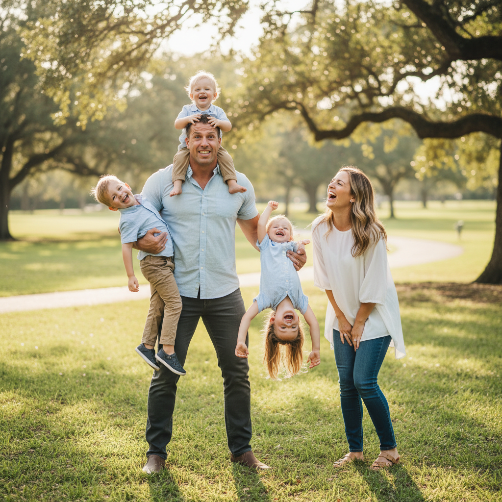 Dad's Strong Arms - Dad holds all three children at once - one on each arm and one on his shoulders. Mom stands beside laughing at the scene. Dad's face shows playful strain. Kids hanging on like monkeys.