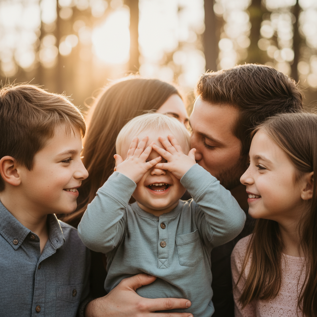 Hidden Kiss - Parents kiss while youngest child stands between them covering the kiss with their tiny hands or a hat. Only the child's face visible between the parents' faces. Sweet and funny simultaneously.