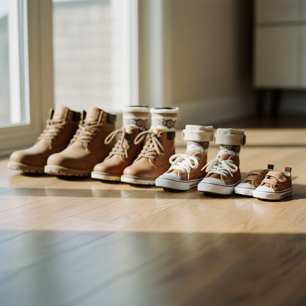 Matching Outfit Details - Close-up detail shots of family's coordinated outfits. Matching shoes in a row, coordinated colors, matching accessories. A collage-worthy detail shot showing the effort put into the session.