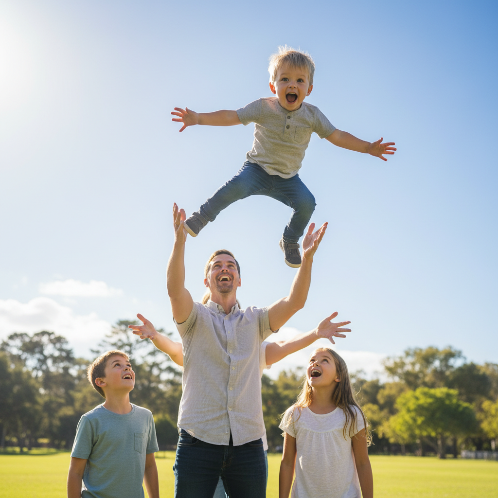 Catch Me! - Dad or mom throws youngest child gently into the air (not too high). Child suspended with arms and legs spread, face of pure delight. Other parent ready to catch. Siblings watching in awe.