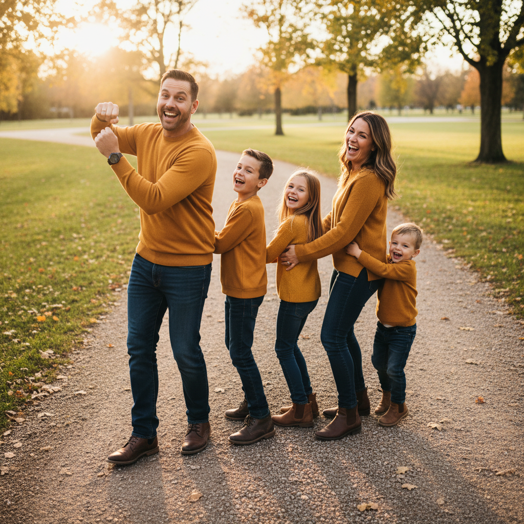 The Family Train - Family walks in single file line, each person holding the waist or shoulders of the person in front. Dad leads as the engine, youngest in back as the caboose. Everyone choo-chooing and laughing.