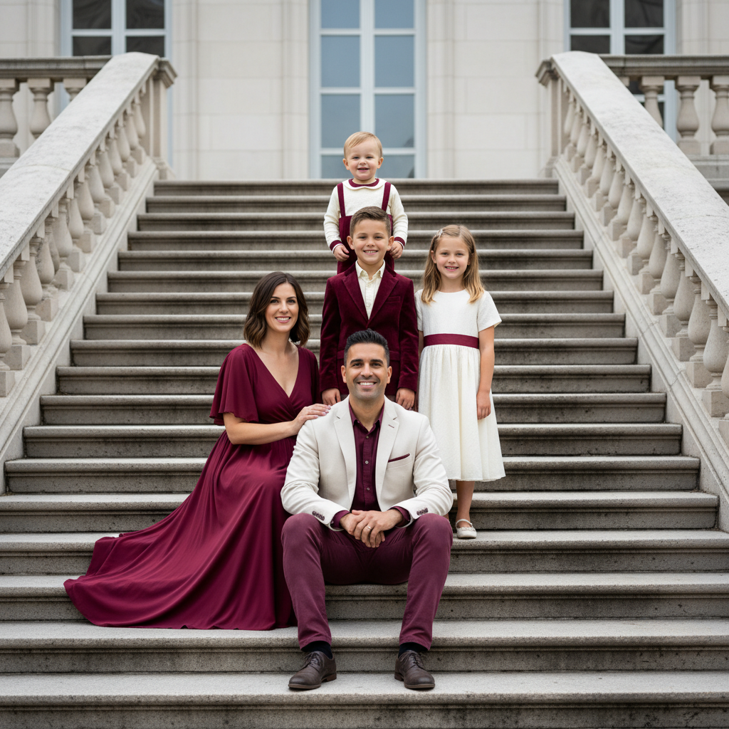 Staircase Levels - Family stands on different steps of a staircase, creating a tiered portrait. Each person on their own step. Tallest at bottom, shortest at top (or reverse). Clean, architectural composition.