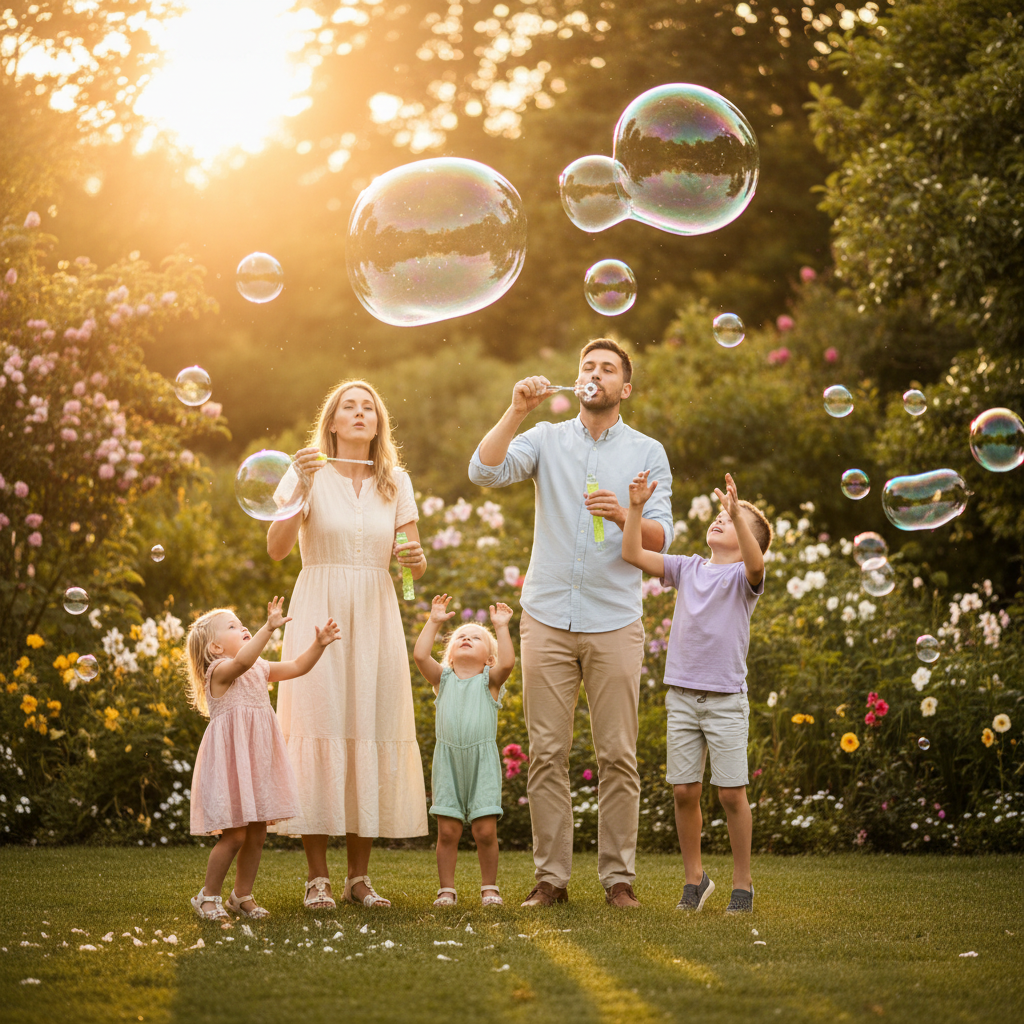 Bubble Fun - Parents blow bubbles while children try to catch and pop them. Iridescent bubbles floating around the whole family. Kids jumping and reaching. Magical, whimsical scene in afternoon light.