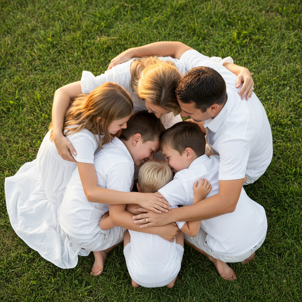The Family Hug from Above - Entire family in tight group hug, shot from directly above. All heads together in the center, arms wrapped around each other. Circle of love formation. Final shot of the session.