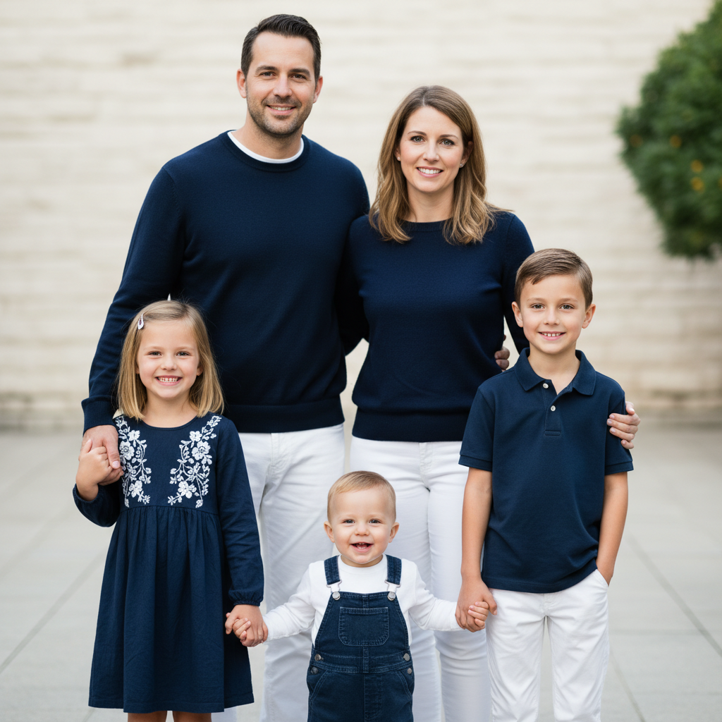V-Formation - Parents stand in the back. Children stand in front forming a V shape with the youngest at the point. Everyone faces the camera with natural smiles. Clean, balanced composition.
