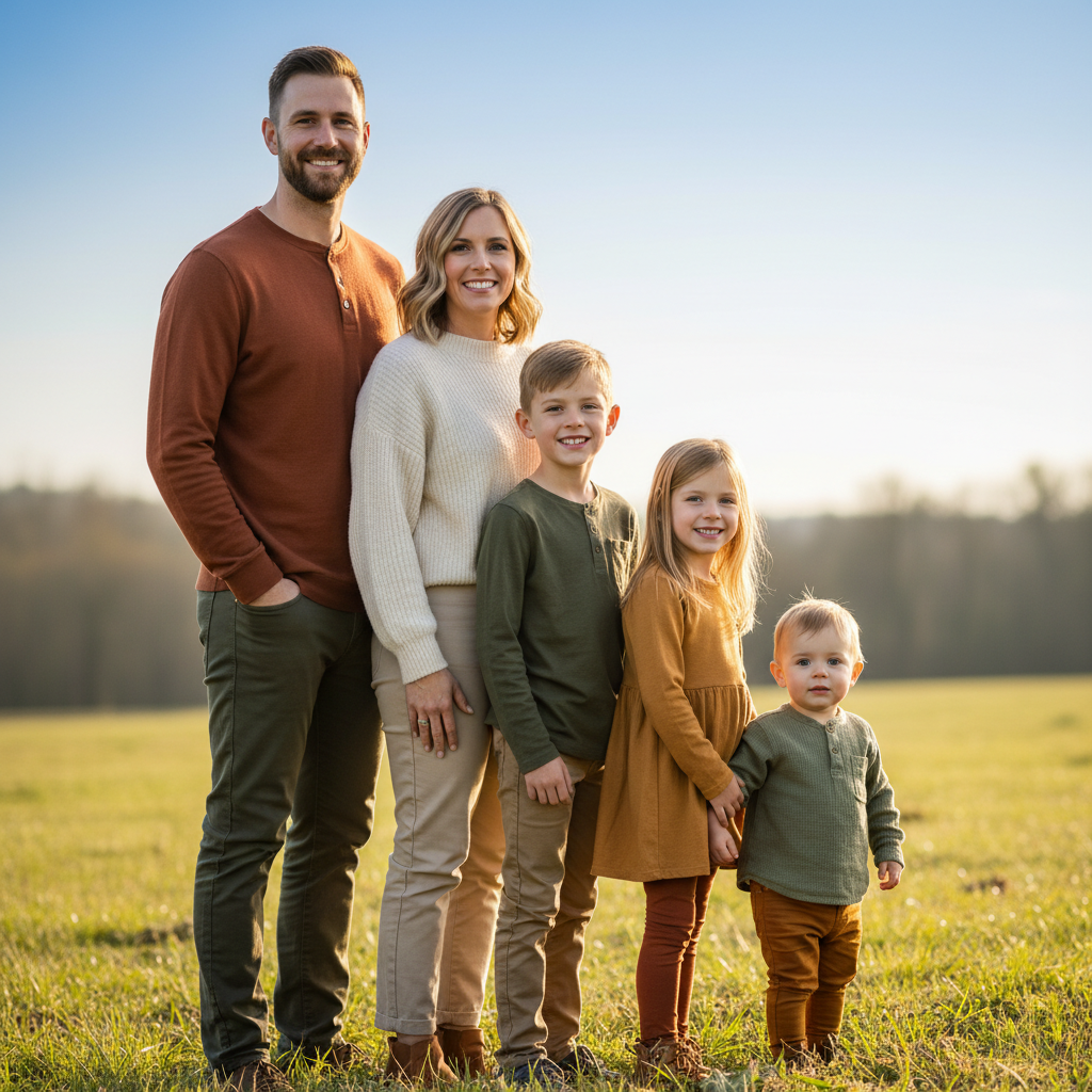 Staggered Heights - Family stands in a line ordered tallest to shortest (or shortest to tallest). Each person slightly in front of the last creating a staggered diagonal line. All face camera.