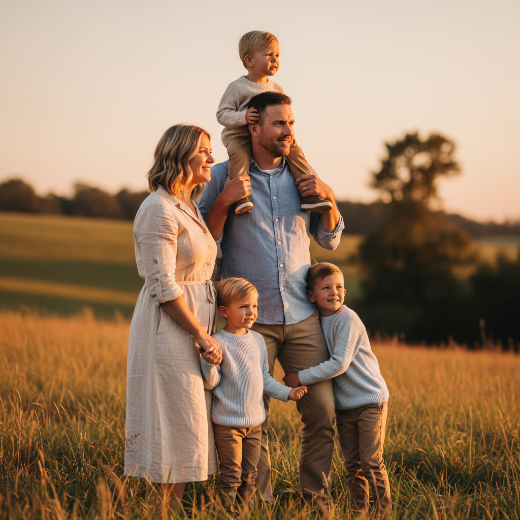 Arms Around Shoulders - Family stands in a tight line with arms around each other's shoulders or waists. Parents on the outside, children between them. Everyone pressed close together smiling at camera.