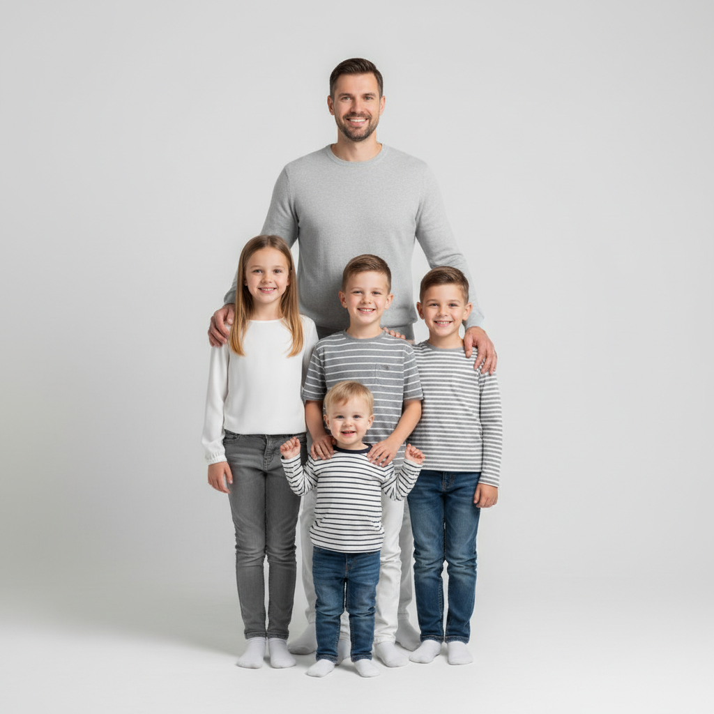 Parents Adore Baby - Dad holds the youngest child between the parents. Both parents look lovingly at the child while the child looks at camera. Older siblings stand close hugging a parent each.